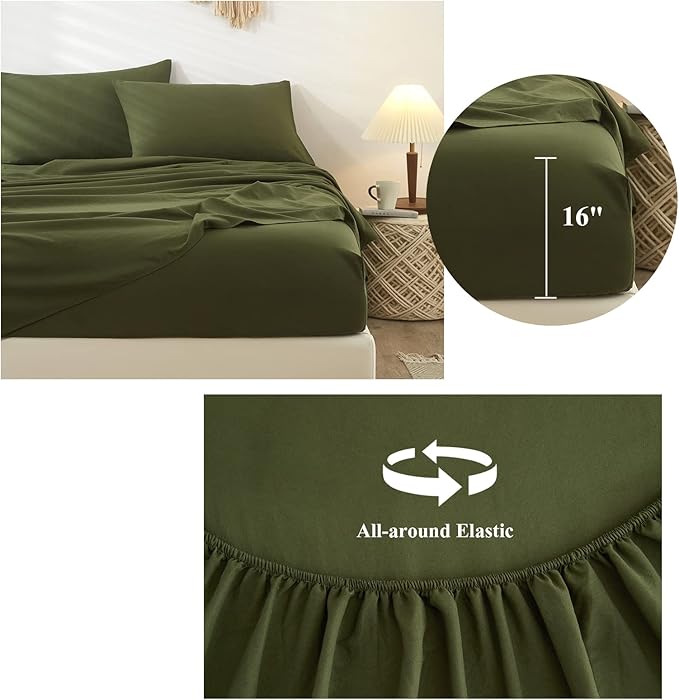 Army Green Full Size Sheet Set Extra Soft Deep Pocket Sheets Set,4 Piece Bed Fitted Sheets Fit 16 Mattress,Wrinkle,Fade,Sain Resistant Cooling Bed Sheets,Fitted Sheets,Pillowcases Set - LeafyLoom