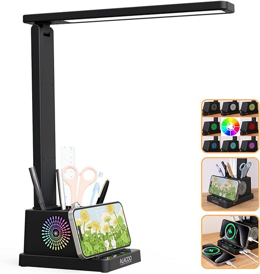 LED Desk Lamp for Home Office with USB A+C Charging Port Touch Control Reading Table Lamp Small Desk Lamp with Pen Phone Holder 3 Color Modes 4 Dimmable RGB Auto Timer 60min for Home, Office, Dorm - LeafyLoom