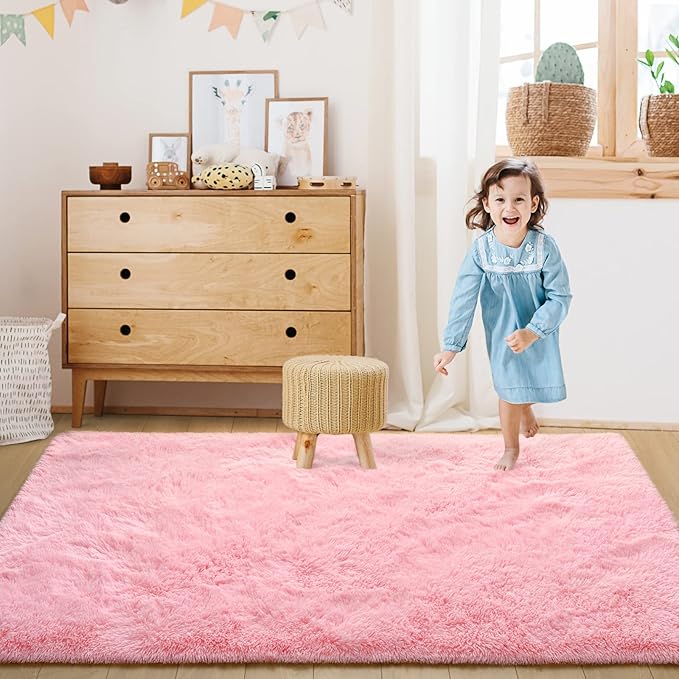 Super Soft Fluffy Shaggy Rugs 6x9 Feet for Living Room Bedroom, Fuzzy Plush Area Rugs for Girls Kids Room Nursery Home Decor, Furry Dorm Rug Cute Non-Slip Indoor Floor Carpet, Baby Pink - LeafyLoom