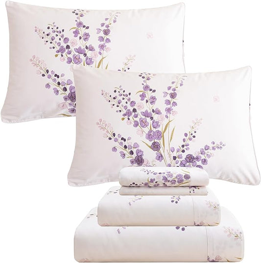 QSH Lavender Floral Bed Sheets Queen Size - 100% Egyptian Cotton Sheets Purple Flower Printed Bedding Sheets Queen Size Bed 4pcs Deep Pockets Bed Sheets - LeafyLoom