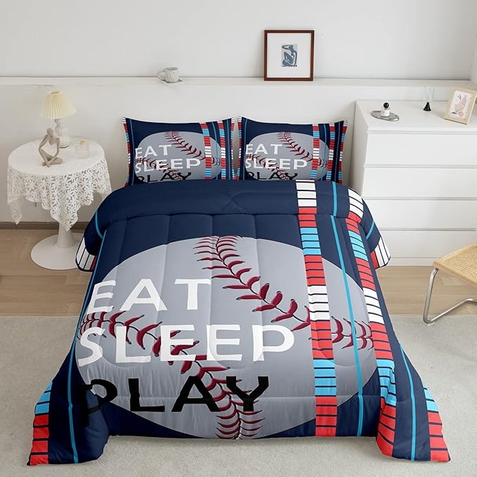 Feelyou Baseball Comforter Set Sports Game Bedding Set for Boys Girls Baseball Gaming Blue Stripe Comforter Gift for Baseball Softball Lover Room Decor Queen Size Quilt Boys - LeafyLoom