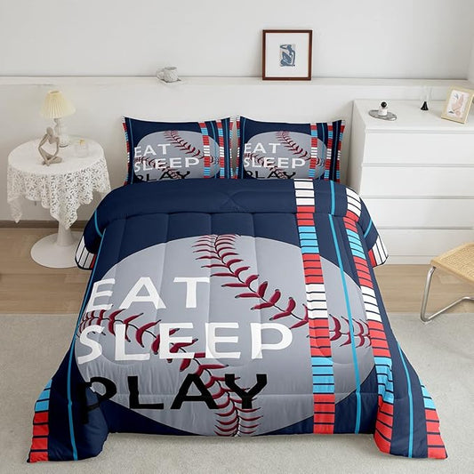 Feelyou Baseball Comforter Set Sports Game Bedding Set for Boys Girls Baseball Gaming Blue Stripe Comforter Gift for Baseball Softball Lover Room Decor King Size Quilt Boys - LeafyLoom