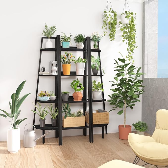 Yoobure Ladder Shelf, 4 Tier Tall Ladder Bookshelf Corner Shelf, Industrial Book Shelf Ladder Bookcase Narrow, Standing Storage Shelves Display Shelf for Bedroom Living Room Office Kitchen Bathroom - LeafyLoom