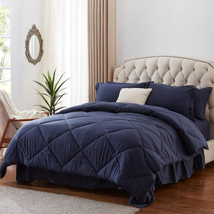 NexHome King Bed in a Bag 7-Pieces Navy Comforter Sets with Comforter and Sheets Soft All Season Bedding Sets with Comforter, Pillow Shams, Flat Sheet, Fitted Sheet and Pillowcases - LeafyLoom