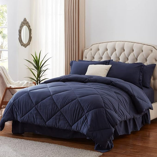 NexHome King Bed in a Bag 7-Pieces Navy Comforter Sets with Comforter and Sheets Soft All Season Bedding Sets with Comforter, Pillow Shams, Flat Sheet, Fitted Sheet and Pillowcases - LeafyLoom