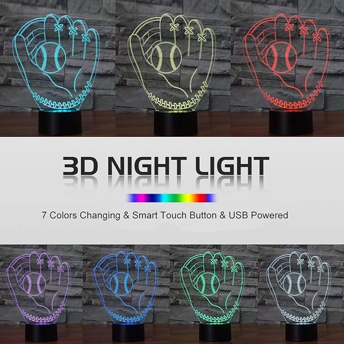 3D Illusion Desk Lamp Baseball Glove Model, LED USB Touch Button 7 Color Changing Lights Night Light for Baby Nursery, Best Gift Toys for Kids Friends Birthday Home Bedroom Decor Lighting - LeafyLoom