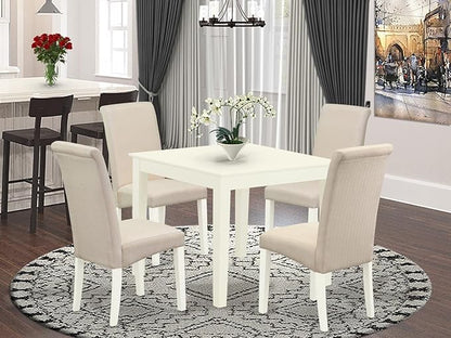 East West Furniture OXBA5-LWH-01 Oxford 5 Piece Modern Dining Set Includes a Square Wooden Table and 4 Cream Linen Fabric Upholstered Parson Chairs, 36x36 Inch - LeafyLoom