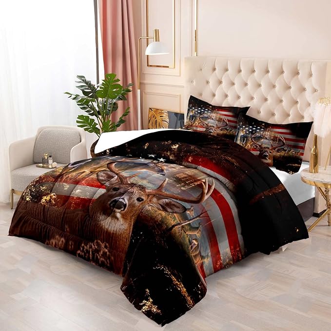 LUVIVIHOME 3PCS Camo Hunting Comforter Set, Deer Comforter King Size, Patriotic American Flag Hunter Woodland Forest Animal Elk Moose Wildlife Cabin Lodge Country Rustic Bedding Quilt, 2 Pillow Shams - LeafyLoom