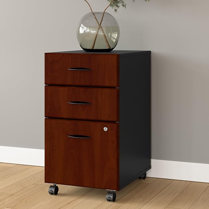 Bush Business Furniture Series A 3 Drawer Mobile File Cabinet in Hansen Cherry & Galaxy - Assembled, Rolling Document Storage for Home or Professional Office - LeafyLoom