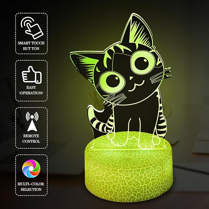 Cat Night Light Cat Gifts for Kids 3D Cat Lamp Kids Bedside Lamp 16 Color Change Decor Lamp with Remote & Smart Touch, Gifts for Christmas Birthday Boys Girls - LeafyLoom