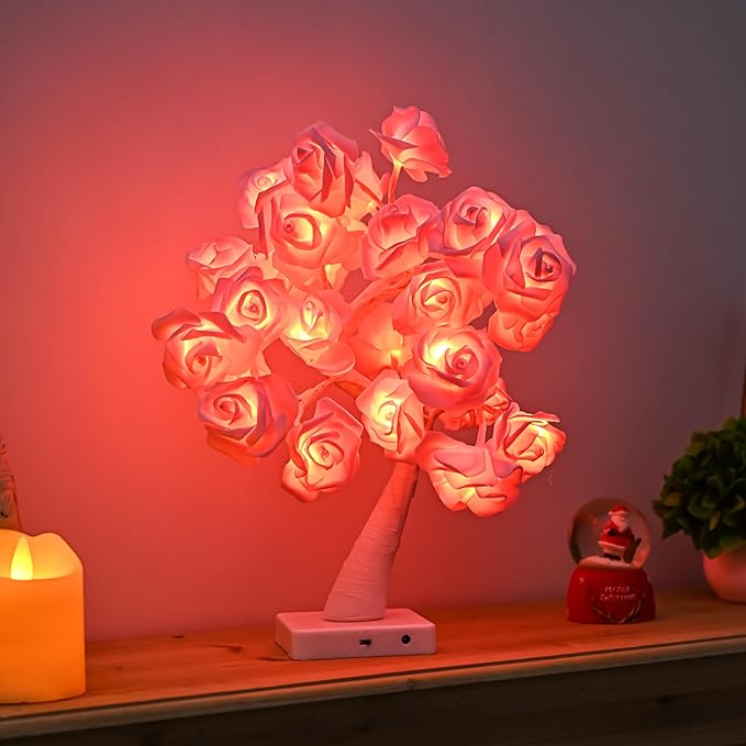 Rose Flower Tree Lamp, Led Rose Table Lamp Gift for Teens Girls Mother Home, Battery Powered, Romantic Tabletop Night Lighting for Bedroom Living Room Party Wedding Valentine's Day Desk Decor - LeafyLoom