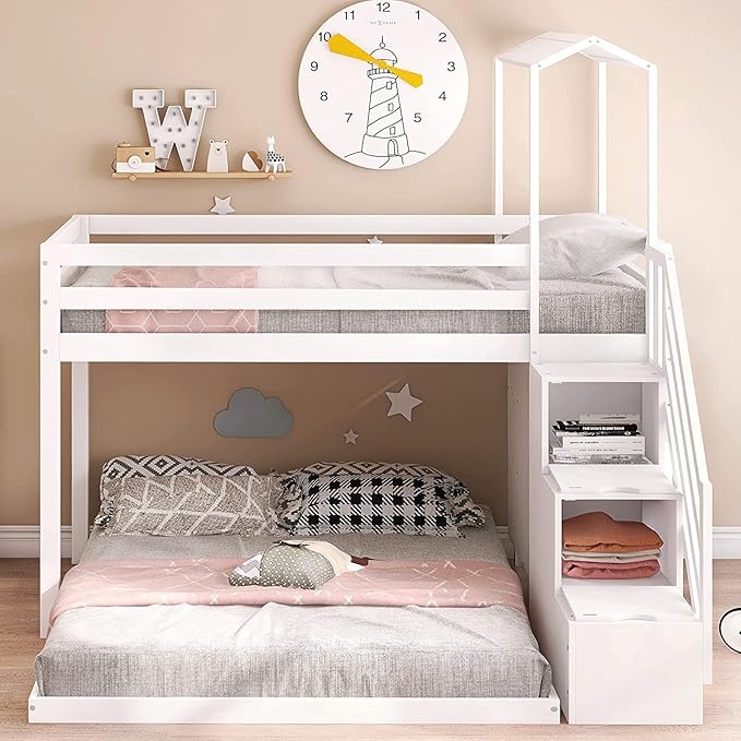 Stairway Twin over Full House Bunk Bed with Storage Shelves & Roof Design,Wooden Bunkbeds wtih Safety Guardrails for Kids/Teen/Adults Bedroom,Space Saving, White - LeafyLoom