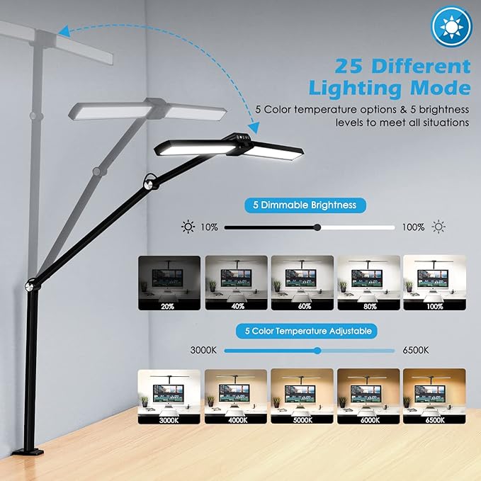 Double Head LED Desk Lamp for Home Office, 24W Bright Architect Task Light, Dimmable Desk Clamp Lamp with 25 Lighting Modes for Reading Study Workbench, Black - LeafyLoom