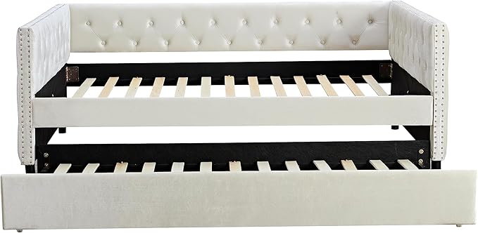 Velvet Upholstered Full Size Daybed with Twin Trundle, Solid Wooden Sofa Bed Frame w/Button Tufted Backrest, No Box Spring Needed, for Bedroom, Living, Guest Room - LeafyLoom