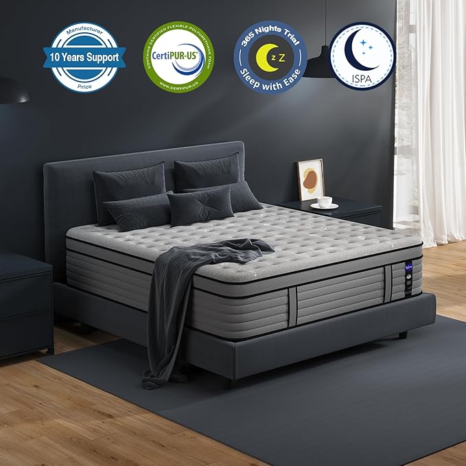 King Size Mattress, 12 Inch Hybrid Mattress with Memory Foam, Medium Firm King Mattress in a Box, Individually Wrapped Pocket Coils Spring for Motion Isolation, Pressure Relief, Edge Support - LeafyLoom