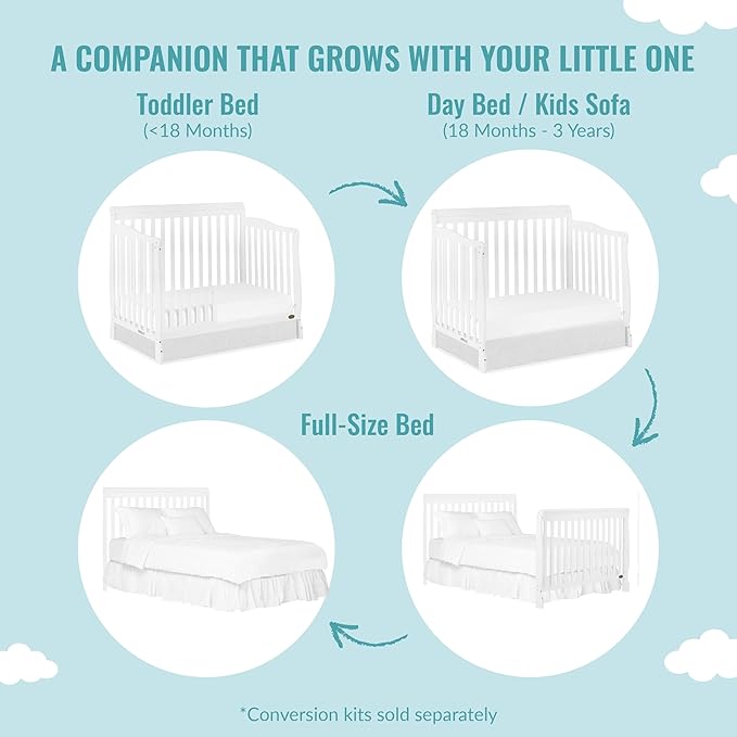 Dream On Me Ashton 4-In-1 Convertible Crib In White, Greenguard Gold, JPMA Certified, Non-Toxic Finishes, Features 4 Mattress Height Settings, Made Of Solid Pinewood - LeafyLoom