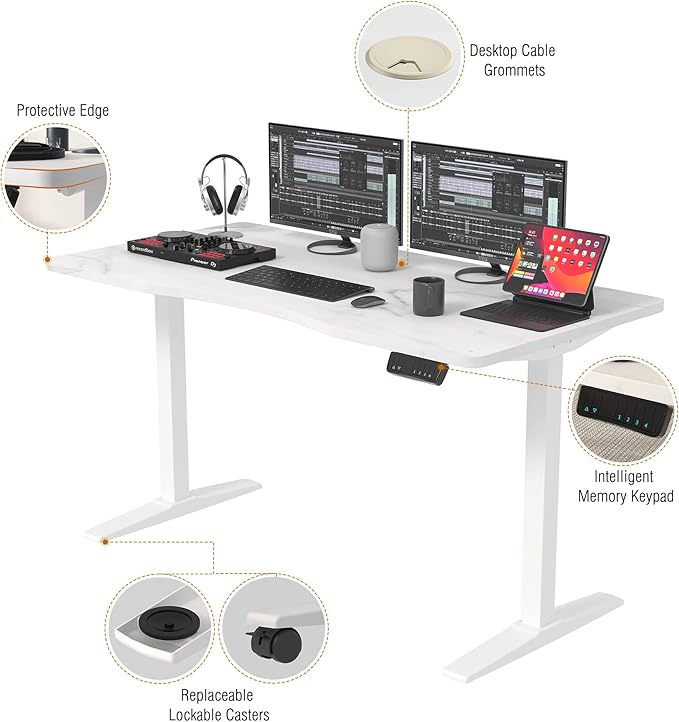 Monomi Height Adjustable Electric Standing Desk, 55 x 28 Inches Stand up Desk, Sit Stand Home Office Computer Desk(White Frame+Marble White Top) - LeafyLoom