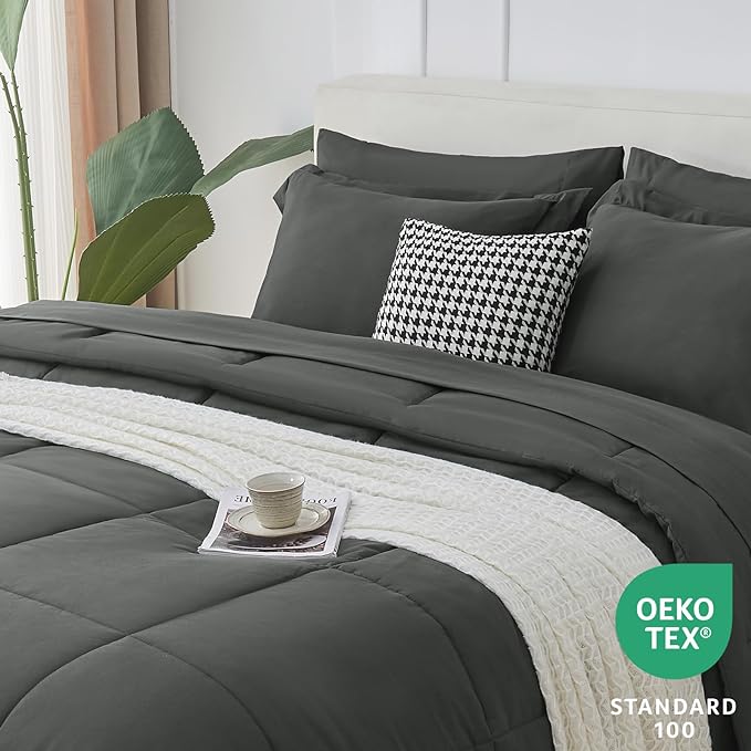 CozyLux King Size Comforter Set - 7 Pieces Bed in a Bag Set Dark Grey King, Grey Complete Bedding Sets Bed Set for All Season with Comforter, Flat Sheets, Fitted Sheet, Pillowcases & Shams - LeafyLoom