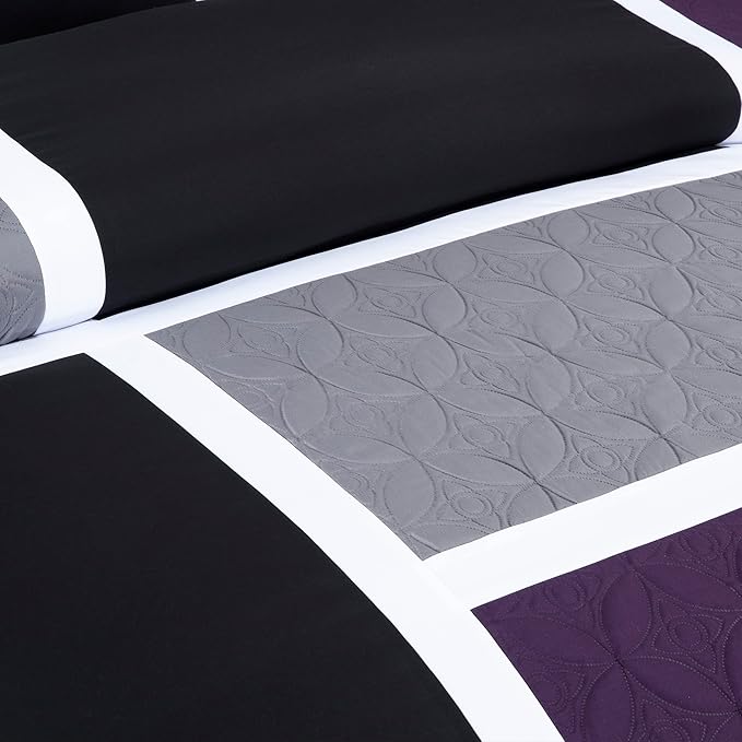 Chezmoi Collection Upland 7-Piece Quilted Patchwork Comforter Set, Purple/Black/Gray, Queen - LeafyLoom