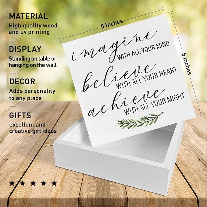 Home Office Desk Wooden Box Sign Decor, Imagine with All Your Mind, Inspirational Quotes Desk Decor Motivational Desk Decorations for Women Men Student Office Classroom School - LeafyLoom