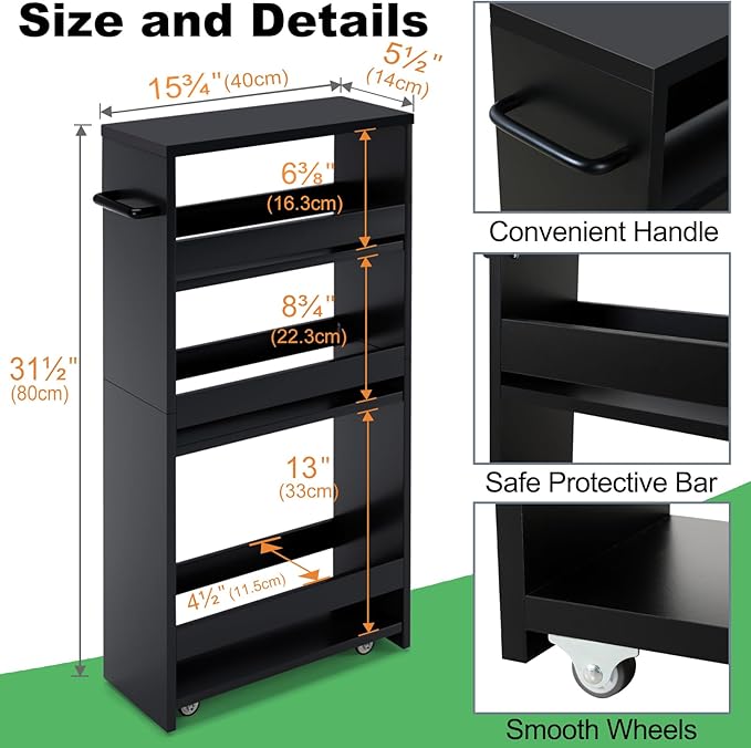 MARTY Slim Rolling Storage Cart 4-Tier Kitchen Cart on Wheels, Laundry Room Storage with Handle Slide Out Utility Cart Shelving Unit Organizer Trolley for Narrow Places Bathroom Small Corner, Black - LeafyLoom