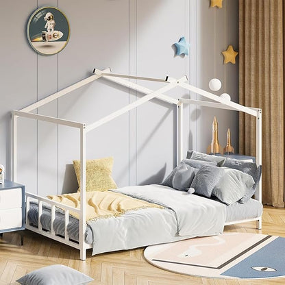 Full Size Montessori Floor Bed with Roof Design for Kids Bedroom,House Bedframe for Small Space,Easy Assembly & No Box Spring Needed, White - LeafyLoom