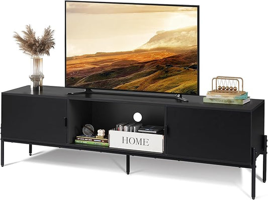 WLIVE Modern TV Stand for 65 Inch TV, Mid Century Entainment Center with Storage, TV Console with Open Shelf and 2 Cabinets for Bedroom and Living Room, TV Cabinet with Metal Legs, Black - LeafyLoom