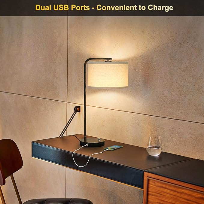 USB Bedside Lamp, Industrial Side Table Lamp with Dual USB Charging Ports, Fully Dimmable Nightstand Lamp, Tall Reading Lamp Desk Lamp for Bedroom, Living Room, Office, 9W LED Bulb Included - LeafyLoom