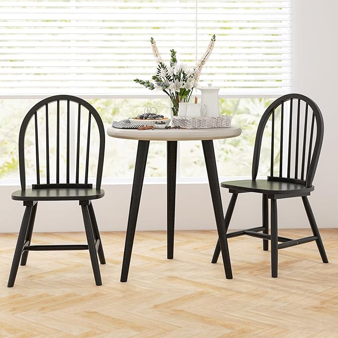 HAPPYGRILL 2 Pieces Wooden Dining Chairs Set, Vintage Armless Windsor Chairs, Kitchen Dining Chairs with Backrest, Black - LeafyLoom