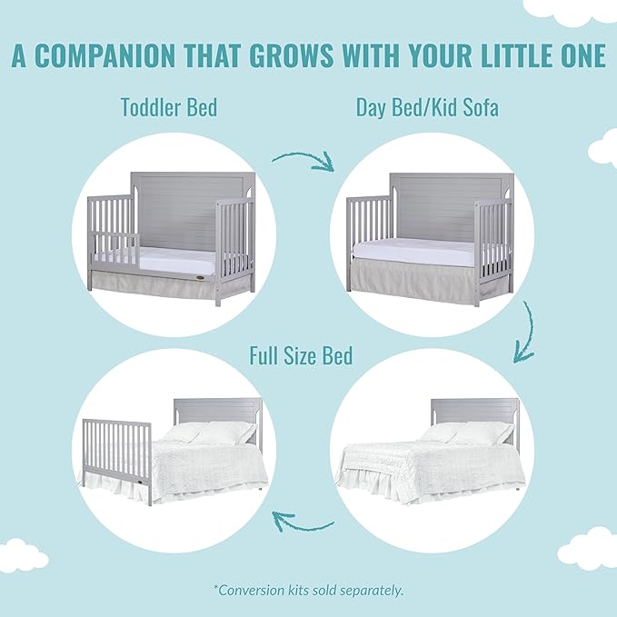 Cape Cod 5-In-1 Convertible Crib In Pebble Grey, Greenguard Gold And JPMA Certified, Built Of Sustainable New Zealand Pinewood, 3 Mattress Height Positions - LeafyLoom