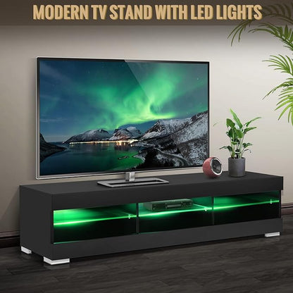 HOMMPA LED TV Stand with LED Lights for 65 inch TV Modern Entertainment Center with Storage 57" Black TV Console with Glass Shelves for Living Room 15" Tall - LeafyLoom