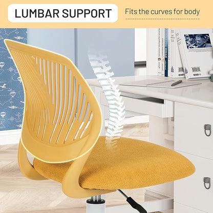 FurnitureR Kids Desk Chair, Small Adjustable Swivel Computer Task Chair with Plastic Backrest and Padded Seat Cushion, Fabric Armless Cute Rolling Child Office Chairs Study Chair, Yellow - LeafyLoom