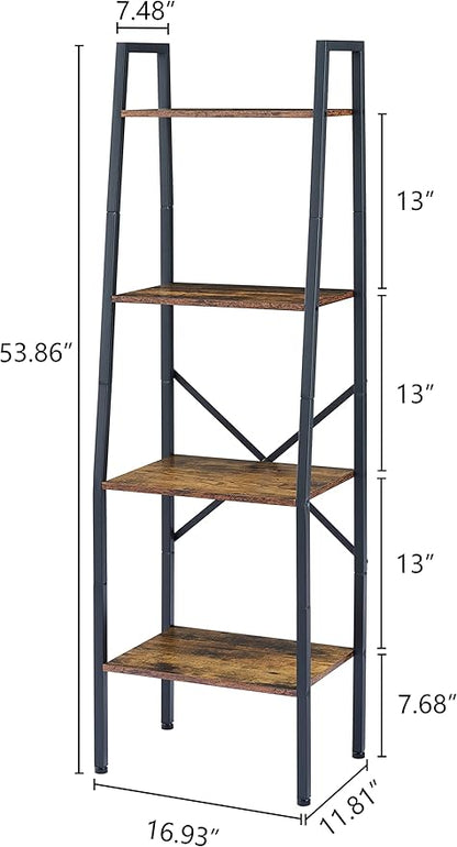 Hoctieon Ladder Shelf Bookcase, 4-Tier Industrial Tall Ladder Bookshelf with Metal Frame for Living Room, Kitchen, Home Office, Bedroom, Rustic Brown - LeafyLoom