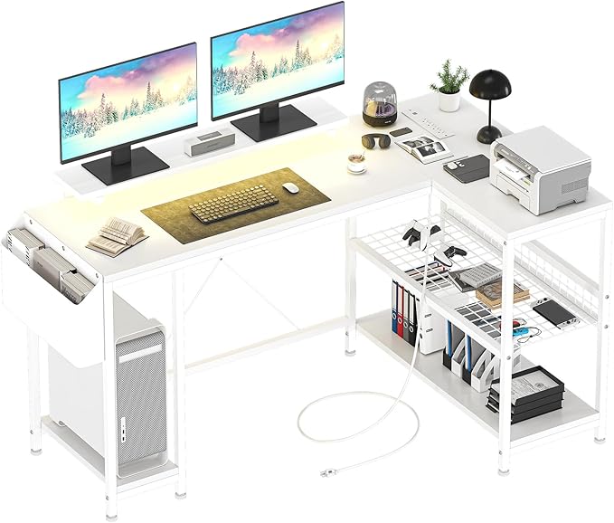 L Shaped Computer Desk with Power Outlets & LED Light, 49.6" Reversible Corner Computer Desk with Storage Shelves & Monitor Stand, Home Office Desk, Gaming Desk, Writing Desk (White) - LeafyLoom