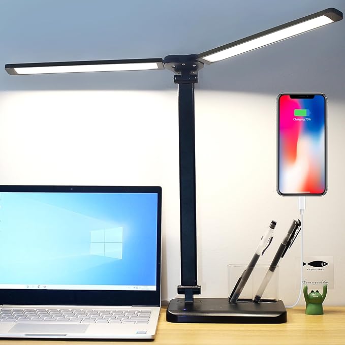 Desk Lamp, Dual Head Desk Light, 5 Lighting Colors & 10 Brightness Reading Light, LED Desk Lamp for Home Office, Table Lamp for Bedroom Desktop, Study, Craft (Black, with Adapter) - LeafyLoom