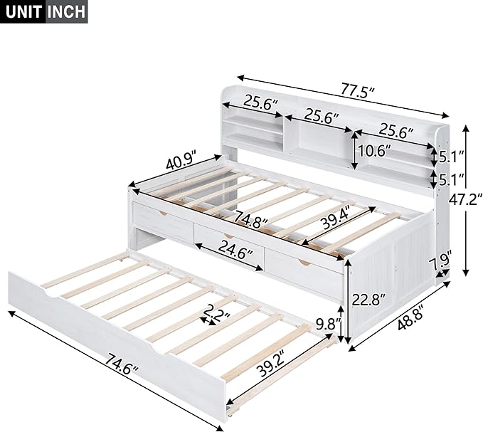 Twin Size Captain Bed with 3 Storage Drawers and Trundle, Wood Twin Bed Frame with Built-in Bookshelves for Kids Teens Adults, White Wash - LeafyLoom