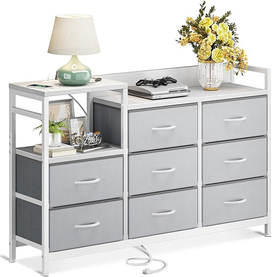 ODK Dresser with Charging Station, 52-Inch Long Dresser TV Stand for Bedroom, Large Dresser with 8 Storage Drawers, Chest of Drawers Easy-Pull Fabric Dressers for Living Room, White and Light Grey - LeafyLoom