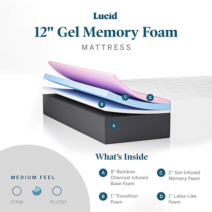 LUCID 12 Inch Memory Foam Mattress - Medium Feel - Memory Foam Infused with Bamboo Charcoal - Gel Infusions - CertiPUR-US Certified - Breathable - King - LeafyLoom