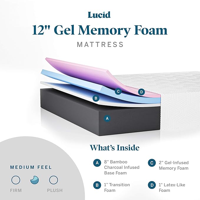 LUCID 12 Inch Memory Foam Mattress - Medium Feel - Memory Foam Infused with Bamboo Charcoal - Gel Infusions - CertiPUR-US Certified - Breathable - Queen - LeafyLoom