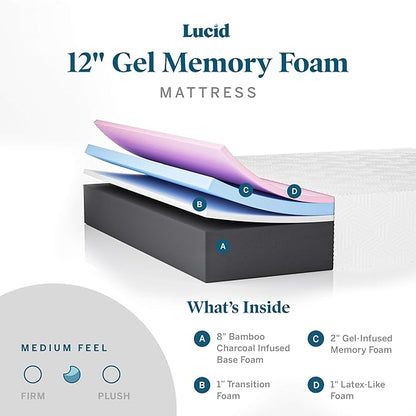 LUCID 12 Inch Memory Foam Mattress - Medium Feel - Memory Foam Infused with Bamboo Charcoal - Gel Infusions - CertiPUR-US Certified - Breathable - Queen - LeafyLoom