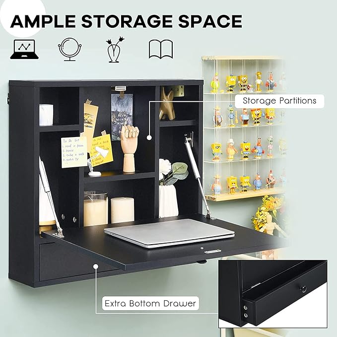 2 in 1 Foldable Tabletop, Folding Wall Mount Laptop Storage Compartments Space Saving Floating Desk, Black - LeafyLoom