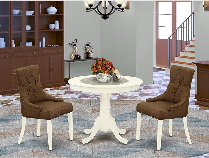 East West Furniture ANFR3-LWH-18 Antique 3 Piece Modern Set Contains a Round Kitchen Table with Pedestal and 2 Brown Fabric Parson Dining Chairs, 36x36 Inch, Linen White - LeafyLoom