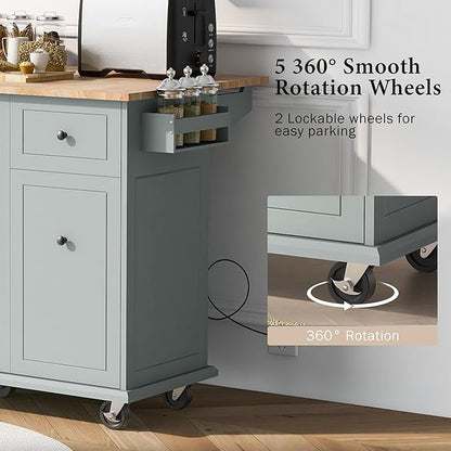 53.9" Drop Leaf, Rolling Island on Wheels w/Drawer and 3-Tier Pull Out Cabinet Organizer, Kitchen Storage Cart with Spice, Towel Rack, Grey Blue, 53.94 Inch - LeafyLoom