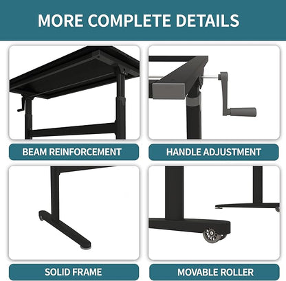 Manual Standing Desk Adjustable Height- Crank Mobile Standing Desk 48 x 24 Inches Sit Stand Desk Frame & Top, Stand Up Desk on Wheels, Computer Desk Black Frame & Black - LeafyLoom