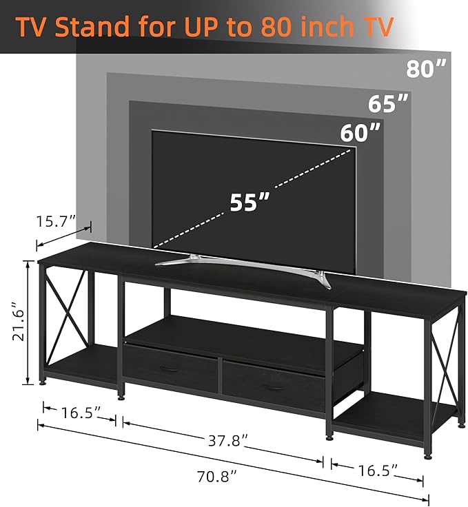 TV Stand with Fabric Drawers for 75 80 Inches TV - Entertainment Center and Industrial TV Console Table with Open Storage Shelves for Living Room, Bedroom- 71.5" Black - LeafyLoom