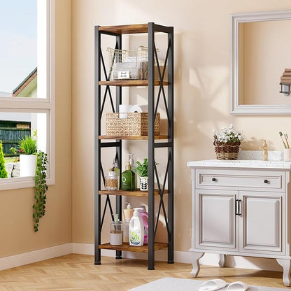 5-Tier Narrow Bookshelf, Ladder Bookshelf, Tall Bookshelf for Bedroom with Open Shelves, Office Bookshelf, Industrial Standing Bookshelf for Bedroom, Living Room and Home Office - LeafyLoom