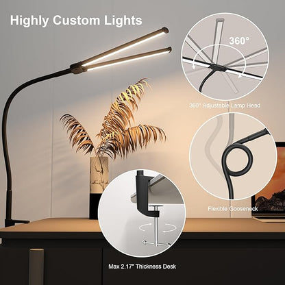 Desk Lamp, Double Head Led Desk Lamp, 15W Ultra Bright Architect Task Desk Light, Eye Caring Desk light, Desk Lamp for Home/Office/Study/Drafting/Reading/Dorm(Black) - LeafyLoom