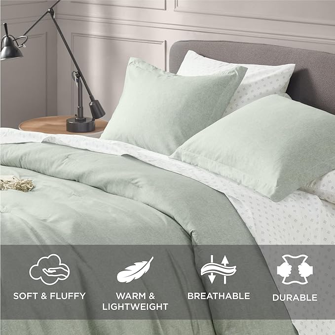 5 Pieces Twin Size Comforter Set with Sheets, Neutral Green Bed in a Bag, Modern Farmhouse Bedding Sets with Comforter, Flat & Fitted Sheet, Pillowcases & Shams - LeafyLoom