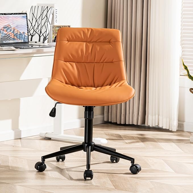 Kidol & Shellder Armless Office Chair Desk Chair Comfy Makeup Vanity Chair with Back Ergonomic Swivel Chair Home Office Desk Chairs with Wheels Computer Chair Bedroom Accent Chair(Matte Orange) - LeafyLoom