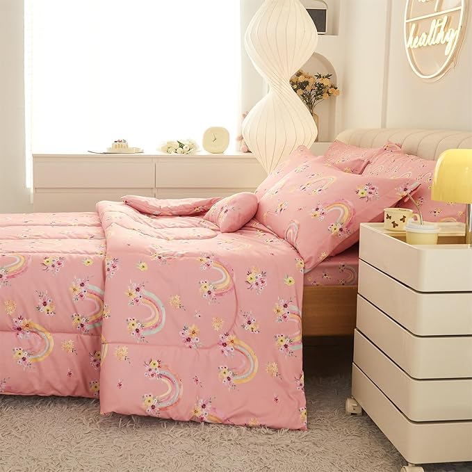 Mooreeke Full Size Comforter Sets for Girls Kids, 8 Pieces Bed in a Bag Pink Rainbow Flowers Bedding Comforter Sheet Set with Shams and Decorative Toy Pillow, Ultral Soft Microfiber Kids Bed Set - LeafyLoom